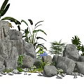 Garden Rock Ornament with Large Gray Stones Green Grass Small Pebbles and Trees