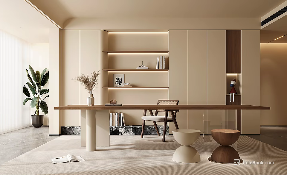Modern Study Room Interior Design With Built in Bookshelves Wooden Desk And Potted Plant 3d model 