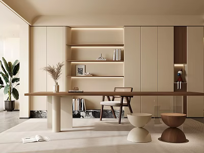 Modern Study Room Interior Design With Built in Bookshelves Wooden Desk And Potted Plant 3d model