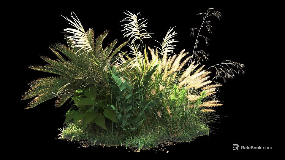 Lush Green Bushes With Diverse Plants And Feathery Grass Blades In Garden 3d model 
