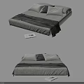 Minimalist Double Bed With Beige Linen Sheets Gray Pillows And Side Book 3d model
