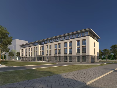 Modern Office Building Exterior Design With White Gray Facade Large Windows And Green Lawn 3d model