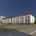 Modern Office Building Exterior Design With White Gray Facade Large Windows And Green Lawn