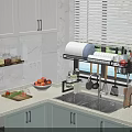 Modern Kitchen With Marble Countertop Gas Stove White Cabinets Over Sink Rack And Kitchen Utensils