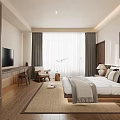 Modern Hotel Guest Room With Twin Beds White Curtains Wall Painting And Wooden Flooring