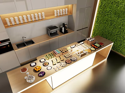 Modern Dessert Display Counter With Assorted Pastries Fruits Beverage Equipment White Cups And Green Plant Wall 3d model