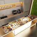 Modern Dessert Display Counter With Assorted Pastries Fruits Beverage Equipment White Cups And Green Plant Wall