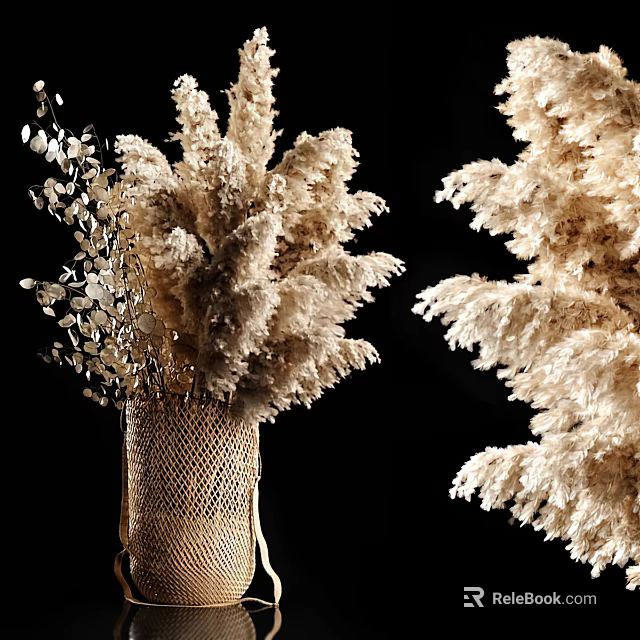 Woven Vase with Beige Fluffy Dried Flowers and Small Leaf Branches on Black Background 3d model 