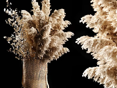 Woven Vase with Beige Fluffy Dried Flowers and Small Leaf Branches on Black Background 3d model