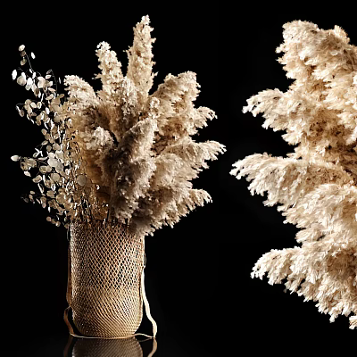 Woven Vase with Beige Fluffy Dried Flowers and Small Leaf Branches on Black Background 3d model