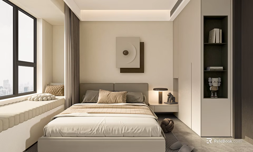 Beige Modern Bedroom Interior With Double Bed Table Lamp Wardrobe And Bookshelf 3d model 