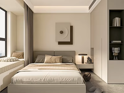 Beige Modern Bedroom Interior With Double Bed Table Lamp Wardrobe And Bookshelf 3d model
