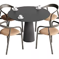 Round Black Tabletop Dining Table With Four Curved Backrest Light Brown Chairs 3d model