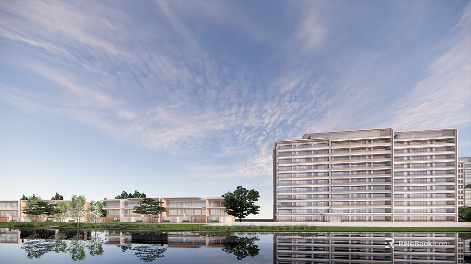 Modern Architecture Landscape With Tall Building Low Rise Structure Green Trees And Water Reflection 3d model