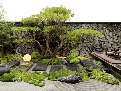 Courtyard Garden with Stone Wall Green Tree Stepping Stones Zen Sand Patterns and Moss Plants 3d model