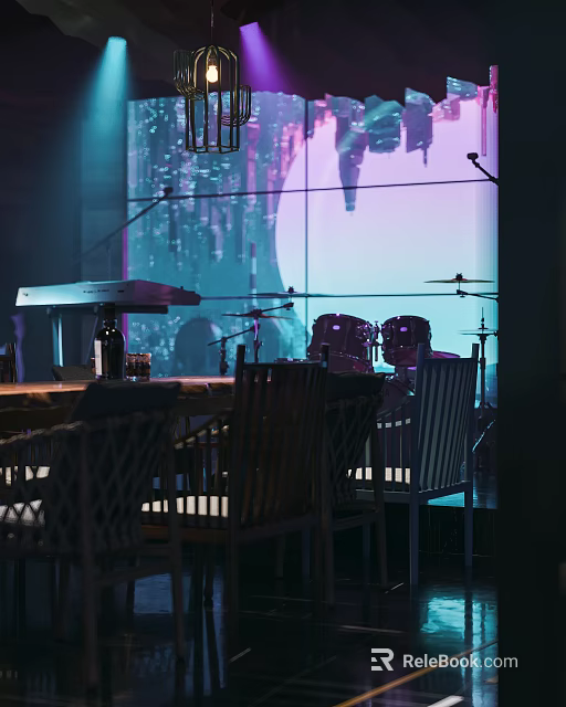 Modern Bar Interior Scene With Drum Set Microphone Stand Projection Screen Tables And Chairs 3d model