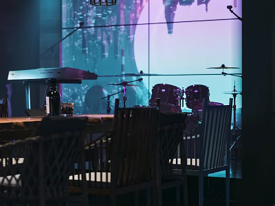Modern Bar Interior Scene With Drum Set Microphone Stand Projection Screen Tables And Chairs 3d model