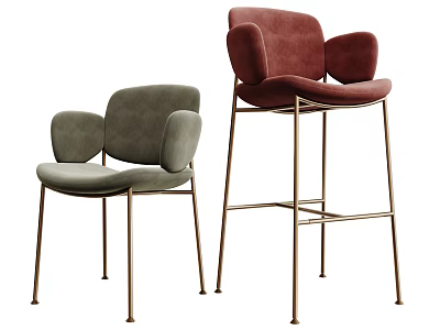 Modern Green and Red Bar Stools with Velvet Upholstery and Metal Legs in Different Heights 3d model
