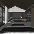Modern Hotel Room Interior With Wooden Ceiling Stone Wall Large Windows TV Desk And Bed