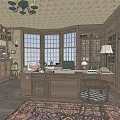 Vintage Office Interior With Wooden Bookshelves Fireplace Chandelier Desk Chair And Area Rug