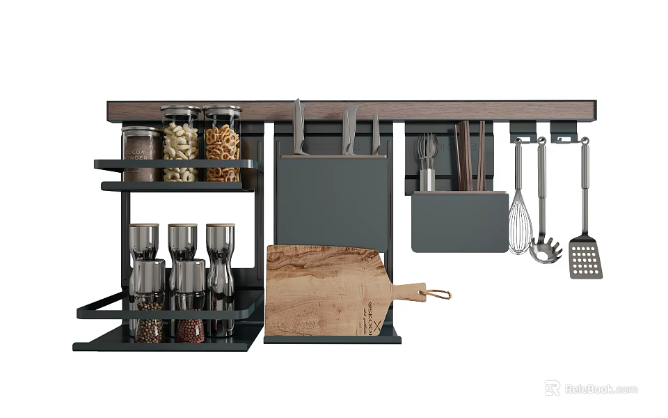 Bathroom Cabinet Rack With Shelves Spice Jars Hanging Utensils And Storage Bag Wooden Cutting Board 3d model 