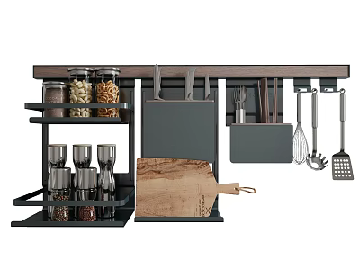 Bathroom Cabinet Rack With Shelves Spice Jars Hanging Utensils And Storage Bag Wooden Cutting Board 3d model