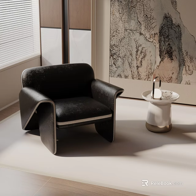 Black Leather Leisure Chair With White Side Table And Wall Art Near Window 3d model 