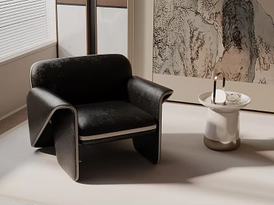 Black Leather Leisure Chair With White Side Table And Wall Art Near Window 3d model