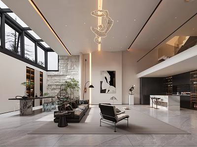 Modern Duplex Living Room Interior Design With Large Windows Hanging Chandelier And Modern Furniture 3d model