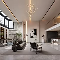 Modern Duplex Living Room Interior Design With Large Windows Hanging Chandelier And Modern Furniture