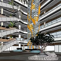 Spacious Shopping Mall Atrium With Modern Staircase Wooden Railings And Indoor Greenery