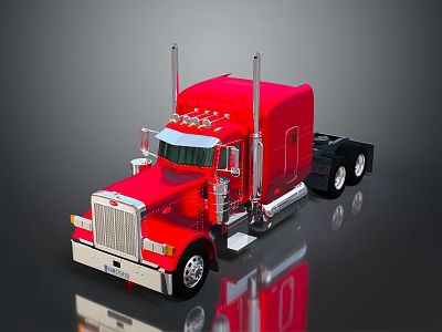 Red Semi Truck Cab With Chrome Grille And Exhaust Stacks On Reflective Surface 3d model