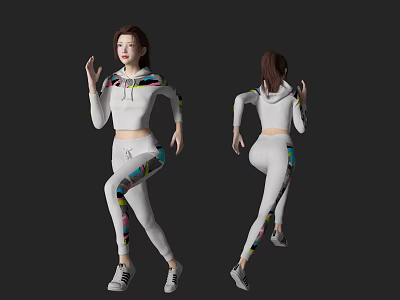 Woman In White Sweatsuit With Colorful Patterns Running In Front And Back Views 3d model