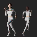 Woman In White Sweatsuit With Colorful Patterns Running In Front And Back Views