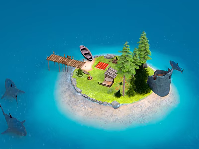 Island With Wooden Dock Small Boat Campfire Pine Trees Stone Tower Sharks In Water 3d model