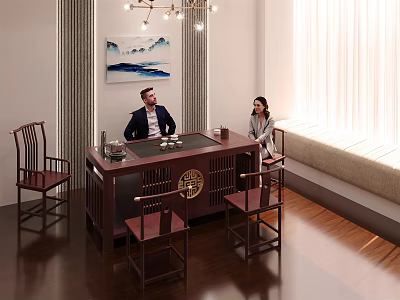 Traditional Chinese Style Tea Table and Chairs with Tea Set in Indoor Setting 3d model