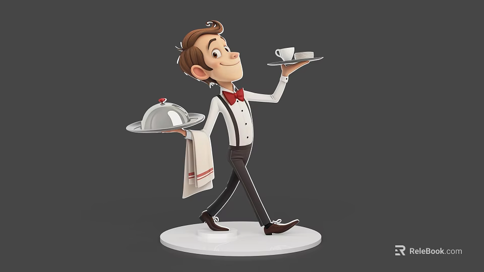 3D Animated Game Movie Waiter Character In White Shirt Red Bowtie With Tray 3d model 