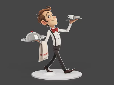 3D Animated Game Movie Waiter Character In White Shirt Red Bowtie With Tray 3d model