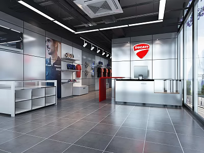 Modern Retail Store Reception Desk With Sleek Counter Lighting Fixtures And Display Shelves 3d model