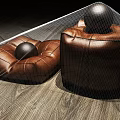 Leather Ottoman Furniture with Brown and Black Design and Decorative Balls on Wooden Floor