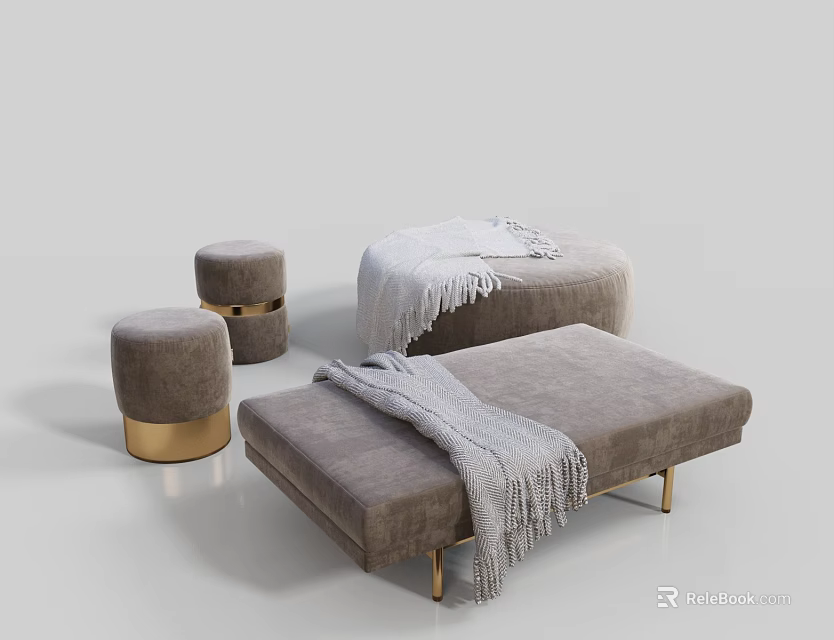 Modern Elegant Gray Ottoman With Soft Upholstery Gold Legs And Throw Blanket 3d model 