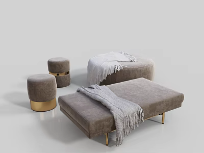 Modern Elegant Gray Ottoman With Soft Upholstery Gold Legs And Throw Blanket 3d model
