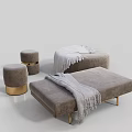 Modern Elegant Gray Ottoman With Soft Upholstery Gold Legs And Throw Blanket