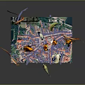 Colorful Bird Models On Square Platform With Complex Maze Pattern And Striped Base