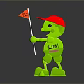 Green Robot Character With Red Cap Holding Caution Flag And SLOW Text On Chest
