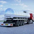Red Cab Silver Tanker Truck Fuel Transport Vehicle on Blue Sky Road Surface