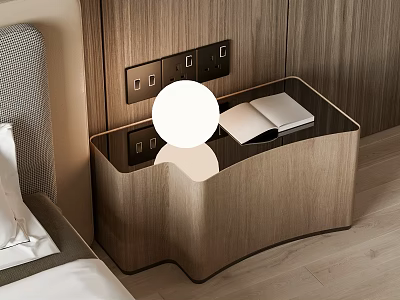 Modern Wooden Nightstand In Bedroom Interior With Open Book And White Round Lamp 3d model