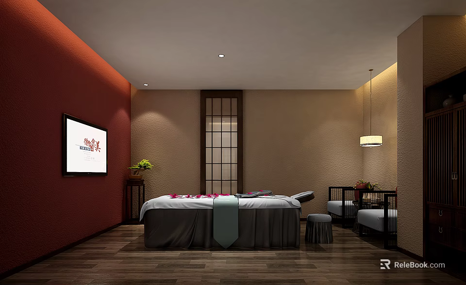 Serene SPA Room Interior With Massage Bed Wooden Floor Warm Lighting And Decorative Plants 3d model 