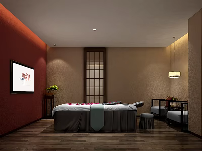 Serene SPA Room Interior With Massage Bed Wooden Floor Warm Lighting And Decorative Plants 3d model