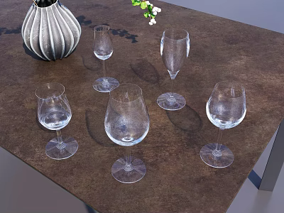 Clear Wine Glasses Arranged On Brown Table With Decorative Vase And White Flowers 3d model
